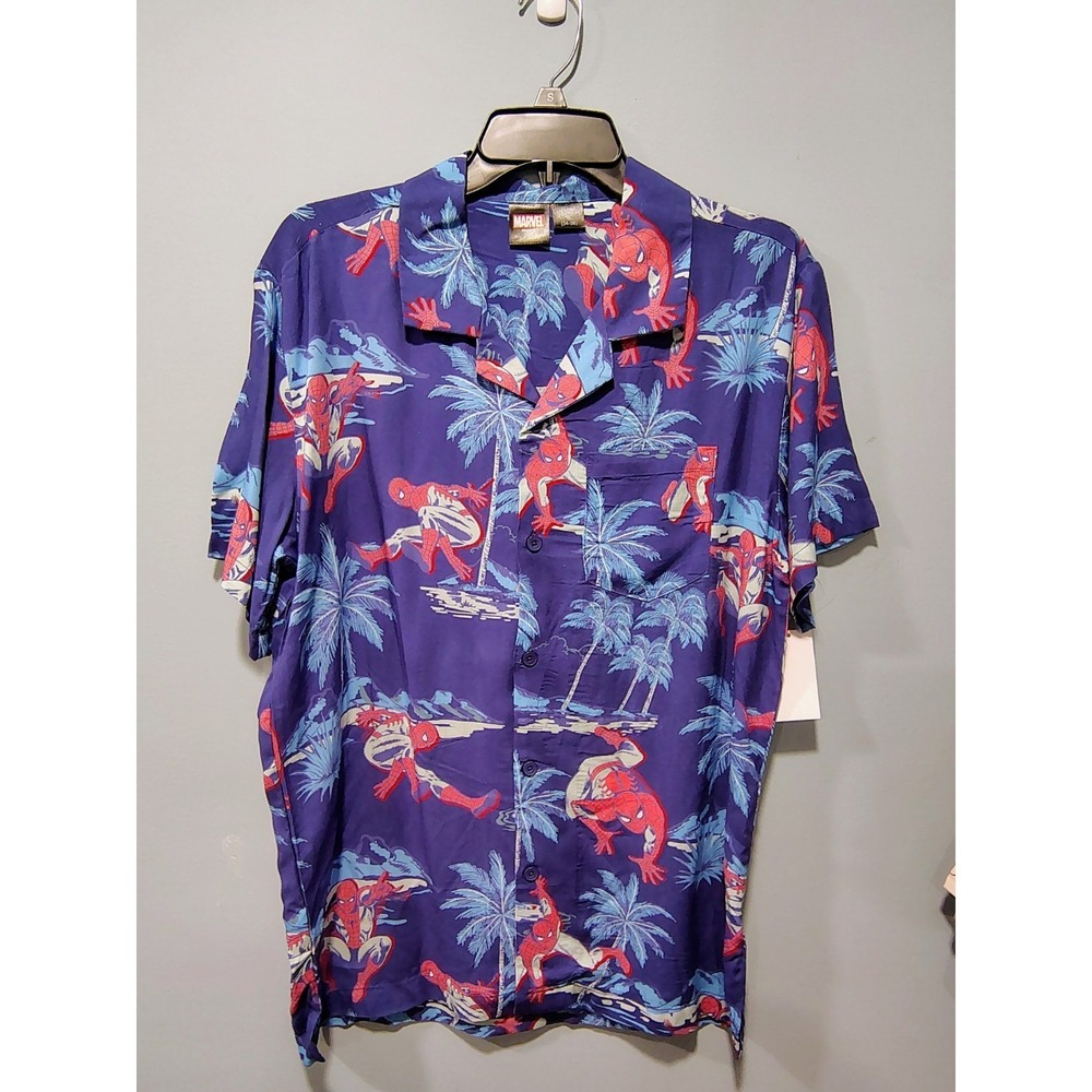 Marvel Spider-Man Mens Hawaiian Shirt Purple Tropical Palm Tree Button Down S